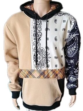 HUGE Hoodie Mens 2XL Beige Patchwork Bandana Paisley Plaid Thermal Streetwear